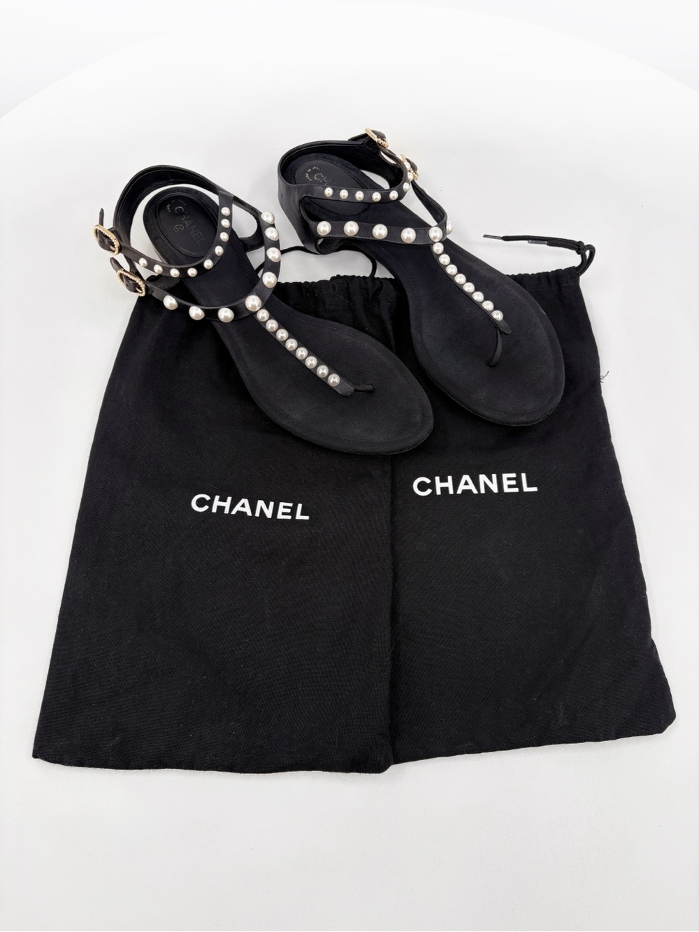 CHANEL Black Leather Pearl T-Strap Flat Thong Sandals 41 - Picture 14 of 15